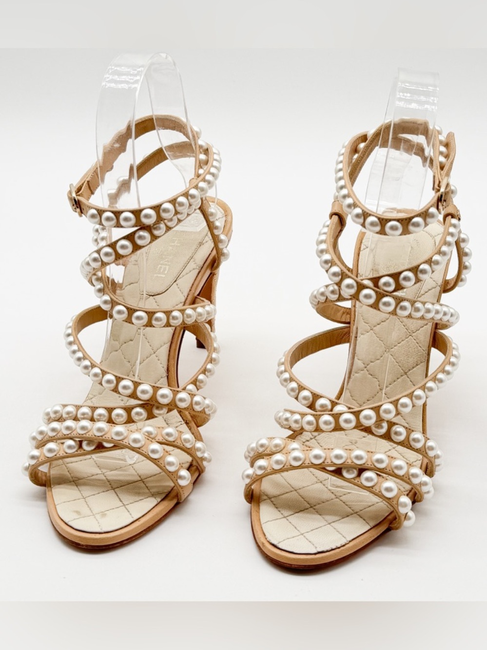 Chanel Beige Quilted Leather Pearl Embellished Ankle Strap Sandals Heels EU 37.5 - Picture 4 of 16